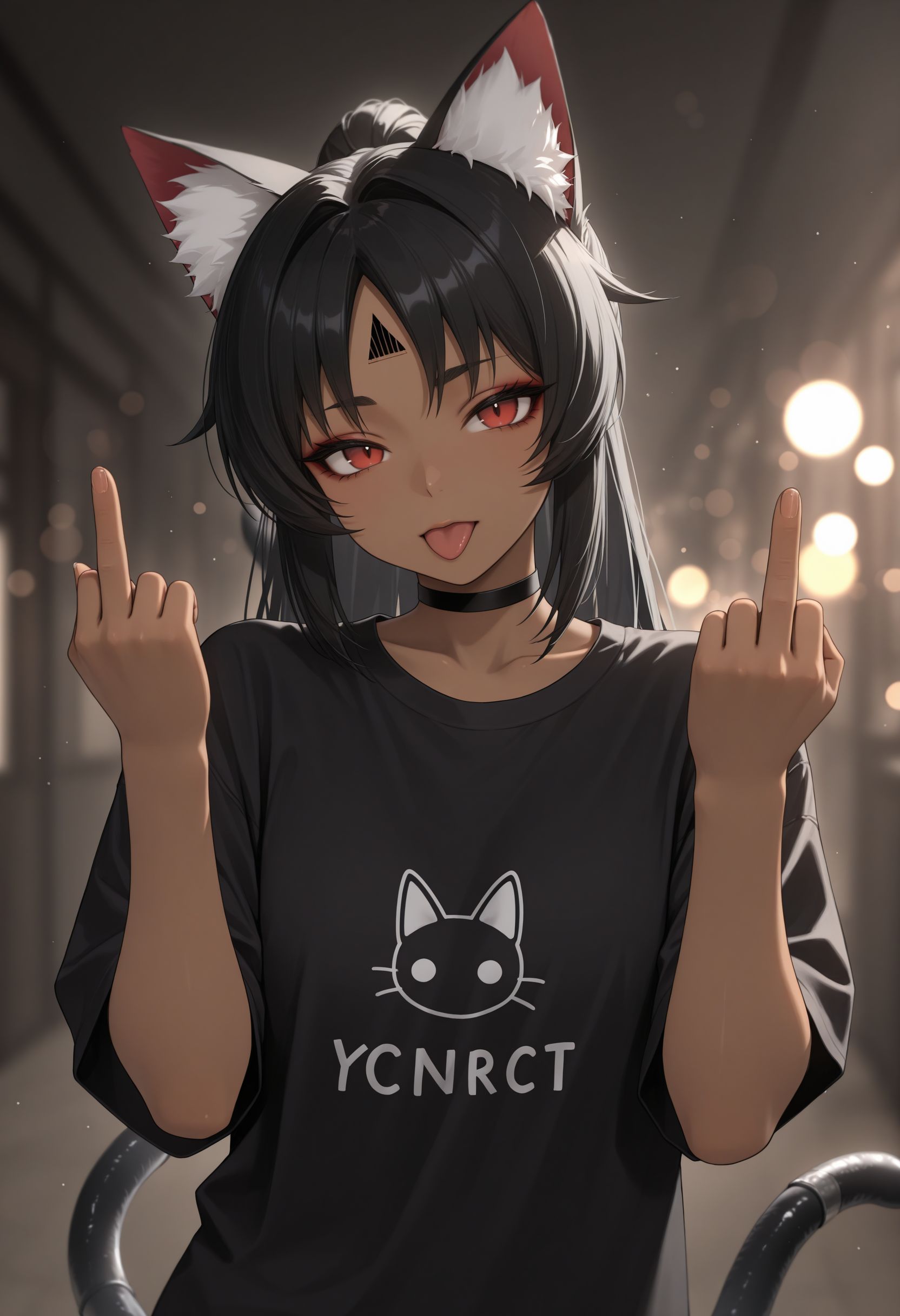 masterpiece,best quality,absurdres,highres,very aesthetic,high quality,detailed,insanely detailed,beautiful,perfect lighting, ,depth of field,blurry background,bokeh,
black shirt, t-shirt, black choker, goth, eyeliner, eyeshadow double middle finger, tongue out,   1girl, animal ears, black hair, animal ear fluff, cat tail, red eyes, cat girl, ponytail   dark-skinned female, facial mark, long hair, <lora:Nekomiya v2 illu:1> 1girl, dark-skinned female, long hair, black hair, red eyes, facial mark, animal ears, animal ear fluff, cat girl, multiple cat tail, double cat tail, ponytail,