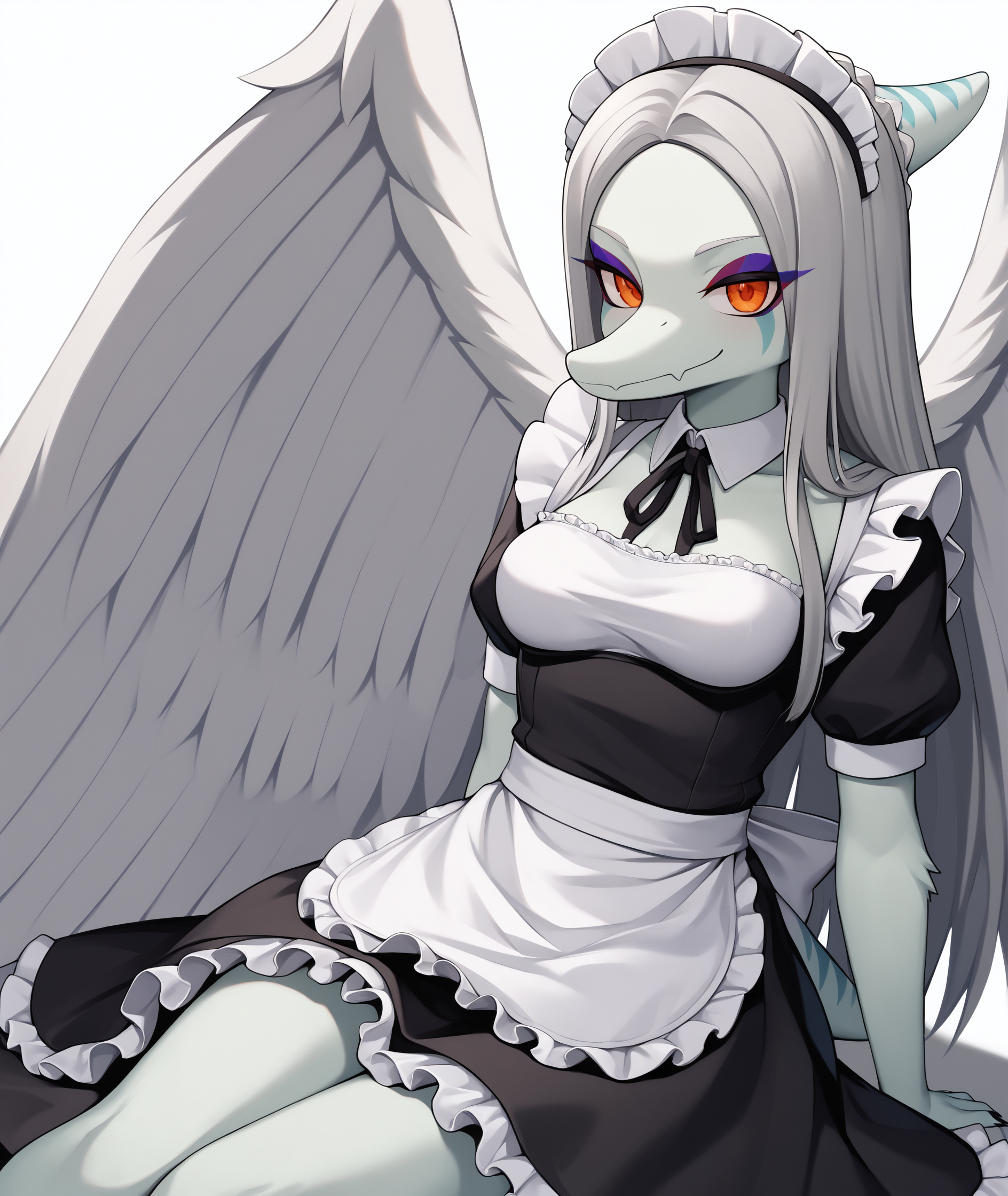 score_9, score_8_up, source_anime, highres, hi res, best quality, masterpiece, 2d, intricate details, official style, anime, 4k, anime style,
1girl, solo, female, long hair, red eyes, grey hair, orange eyes, makeup, eyeshadow,
breasts, tail, wings, colored skin, furry, feathered wings, furry female, white wings, body fur, grey wings,
maid headdress, maid uniform, maid apron, maid dress, black dress, frills, frilled dress, frilled sleeves, frilled skirt, 
sitting, leaning back, cowboy shot, looking at viewer, simple background, white background, <lora:Fang1024_Pony:1>, fang \(gvh\), pterodactylus,