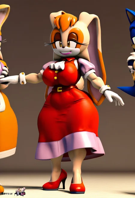 score_9, score_8_up, score_7_up, score_6_up, score_5_up, Sfm style, 3D, 3d render, woman, sexy, detailed, extreme detail, perfect lighting, 4k, OverallDetail, Add details, 1girl, vanilla the rabbit, smile, skirt, shirt, gloves, dress, short sleeves, shoes, puffy sleeves, white gloves, rabbit girl, high heels, puffy short sleeves, ascot, eyelashes, makeup, red footwear, furry, long skirt, rabbit ears, animal nose, brown eyes, animal ears, furry female, orange hair, thick thighs, female, big breast, dynamic pose, large breast, thick body, thick legs, Thick thighs, Big thighs, wide hips, strong arms, petite, shortstack, small body, hand closed, standing, from aside, sexy pose, grin