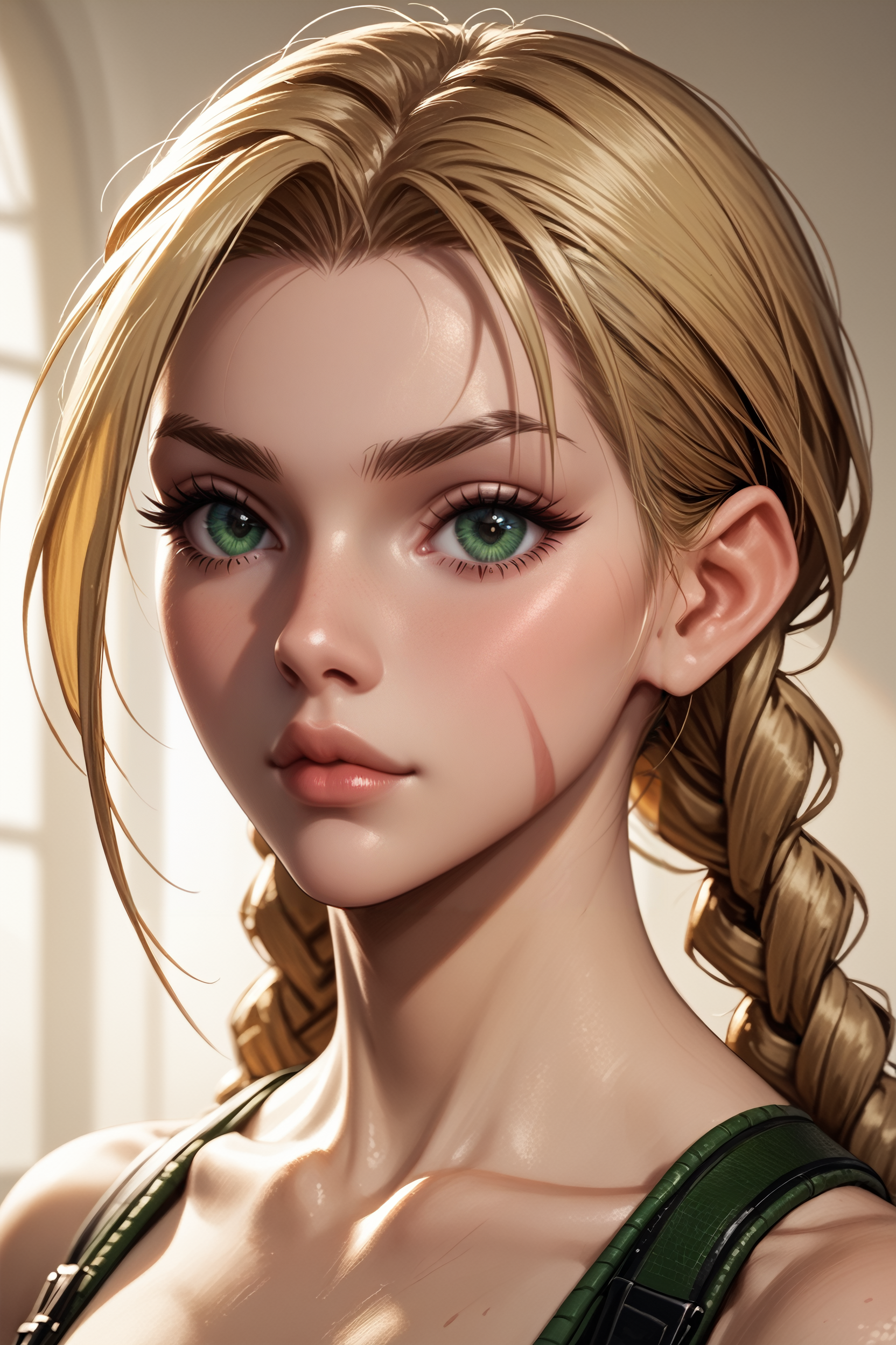 score_9, score_8_up, score_7_up,
<lora:SFCammy:0.9>
SFCammy, 1girl, blonde hair, long hair, twin braids, green eyes, looking at viewer, portrait