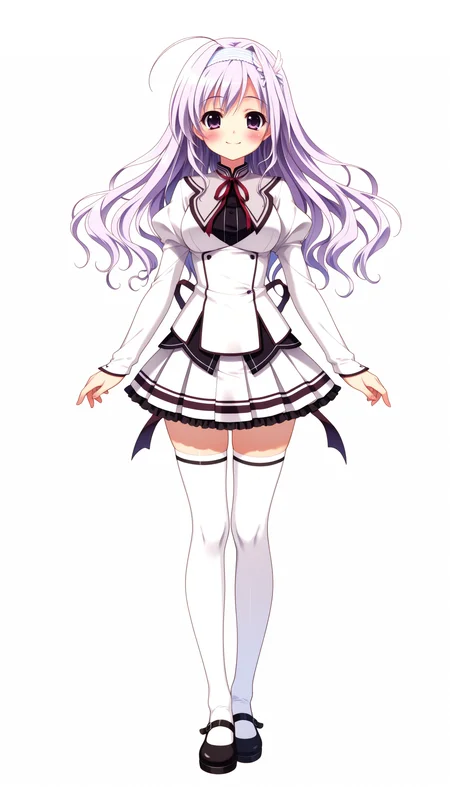 (best quality , masterpiece, good quality), sfw, general, 1girl, msmiu, purple hair, purple eyes, hairband, hair ornament, long hair, ahoge, school uniform, long sleeves, white thighhighs, mary janes, full body, straight-on, standing, smile, blush, simple background, white background, <lora:ms-miu_ilxl:1>,