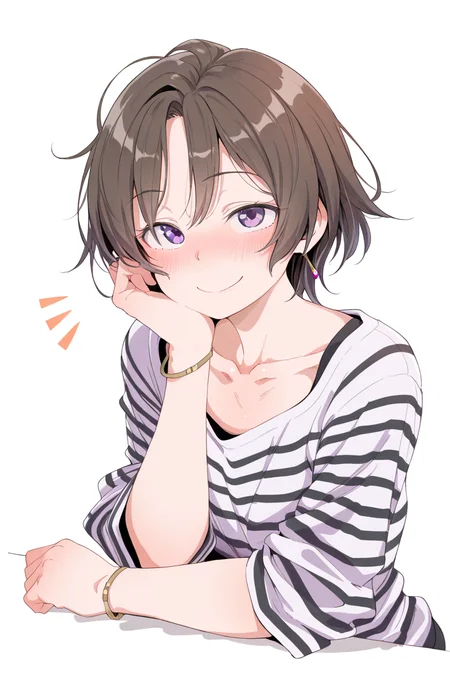 masterpiece, best quality, amazing quality,
 <lora:Eito_IL:1> eito, 1girl, striped shirt, solo, brown hair, shirt, purple eyes, smile, striped, blush, looking at viewer, short hair, white background, simple background, collarbone, head rest, jewelry, upper body