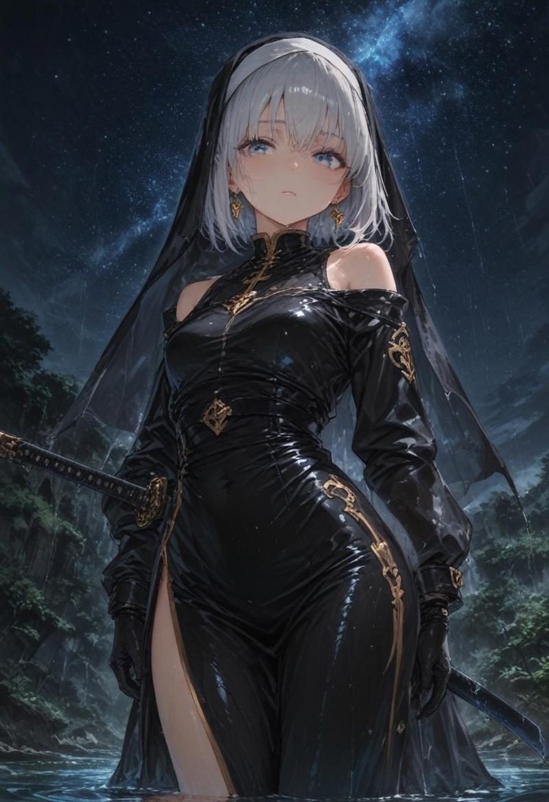 best quality, amazing quality, very  esthetic, newest, scenery, high-resolution, masterpiece,
1girl, solemn, confident, looking viewer ,solo ,silver hair, short hair, habit, black uniform, wet body ,open shoulder, high slit,  ,golden trimmed, earrings, jewelry, katana ,gloves,
starry sky , water.