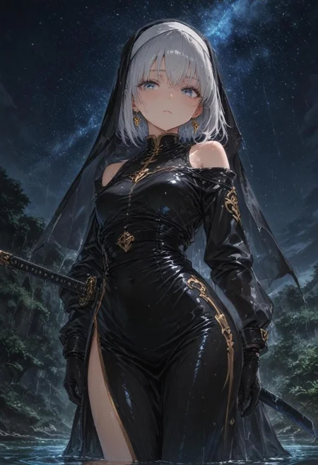 best quality, amazing quality, very  esthetic, newest, scenery, high-resolution, masterpiece,
1girl, solemn, confident, looking viewer ,solo ,silver hair, short hair, habit, black uniform, wet body ,open shoulder, high slit,  ,golden trimmed, earrings, jewelry, katana ,gloves,
starry sky , water.
