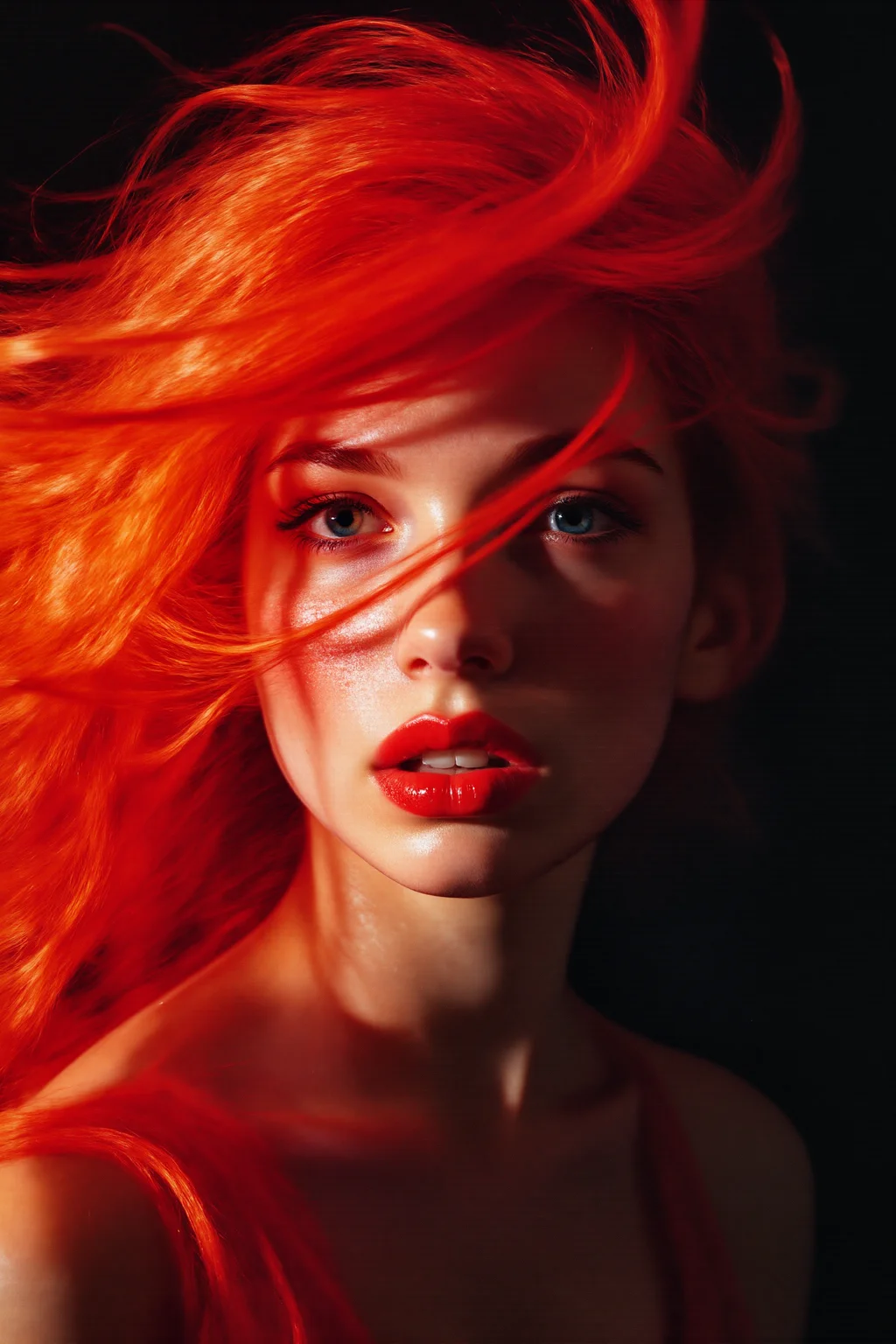 A vivid and striking portrait dominated by intense, fiery hues. The subject's hair is a cascade of vibrant red strands that seem to glow with an almost supernatural brightness, as though they are alive with energy. The hair flows dynamically around her face, some strands caught mid-movement, suggesting a sense of motion or perhaps the presence of a gentle breeze. Her eyes are captivating, their deep blue irises contrasting sharply against the bold red tones of her hair and makeup.
Her lips are painted in a rich, glossy shade of red that mirrors the color of her hair, adding to the overall dramatic effect. The lighting is soft yet focused, highlighting the contours of her face and accentuating the natural texture of her skin. The background is dark, creating a stark contrast that makes her features stand out even more prominently.
The overall mood is one of boldness and intensity, as though she embodies a powerful presence that commands attention. The interplay of light and shadow enhances the depth of her expression, while the vivid colors create a sense of both mystery and allure.