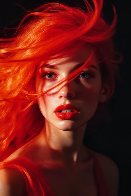 A vivid and striking portrait dominated by intense, fiery hues. The subject's hair is a cascade of vibrant red strands that seem to glow with an almost supernatural brightness, as though they are alive with energy. The hair flows dynamically around her face, some strands caught mid-movement, suggesting a sense of motion or perhaps the presence of a gentle breeze. Her eyes are captivating, their deep blue irises contrasting sharply against the bold red tones of her hair and makeup.
Her lips are painted in a rich, glossy shade of red that mirrors the color of her hair, adding to the overall dramatic effect. The lighting is soft yet focused, highlighting the contours of her face and accentuating the natural texture of her skin. The background is dark, creating a stark contrast that makes her features stand out even more prominently.
The overall mood is one of boldness and intensity, as though she embodies a powerful presence that commands attention. The interplay of light and shadow enhances the depth of her expression, while the vivid colors create a sense of both mystery and allure.