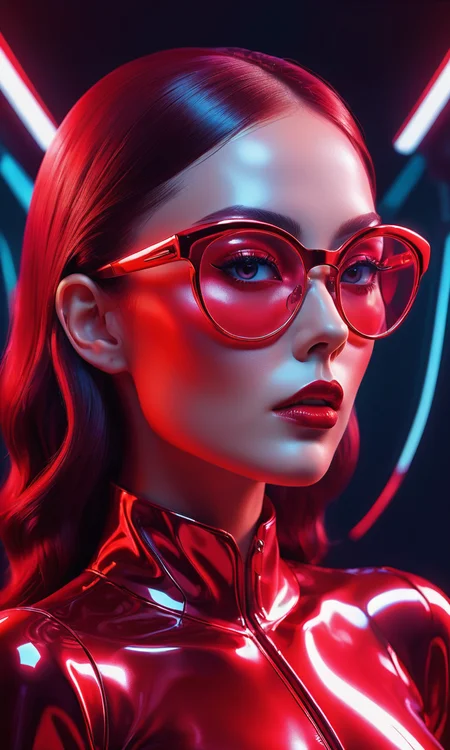 A woman in a red outfit wearing a eyeglasses,in the style of futuristic art,smooth and shiny,shiny/ glossy,precise and lifelike,bold contrasts,iconic imagery,glossy finish,holographic,<lora:Holography:0.6>,