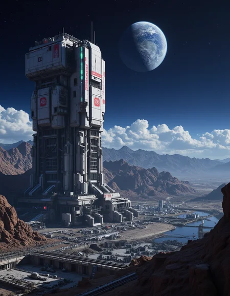 <lora:SWL_Stations1v2flux:1> lostst1, station, scientific complex, abandoned, metallic, cyberpunk, science fiction, mountains, planet, lights, desert,