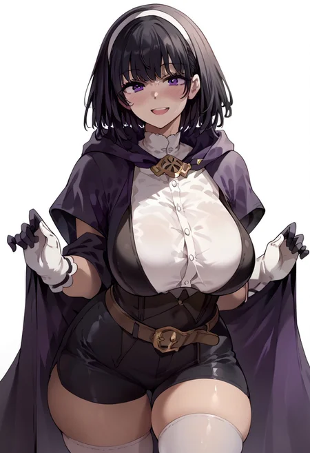 score_10. score_9. score_8_up. score_7_up. score_6_up. score_5_up. score_4_up, source_anime, 1girl, solo, calm, smile, smirk, seductive, squinted eyes, blushing, open mouth, 1girl, very_massive breasts, wide hips, thin waist, thick thighs, morgan_(female)_(fire_emblem), black hair, medium hair, bangs, purple eyes, purple robe, black robe, hooded robe, open robe, brown corset, white shirt, black shorts, black gloves, (((brown belt))), white stockings, cowboy shot, white background, <lora:ebora-Style-PonyXL-GLoRA-000049:1>, there is a lack of fire