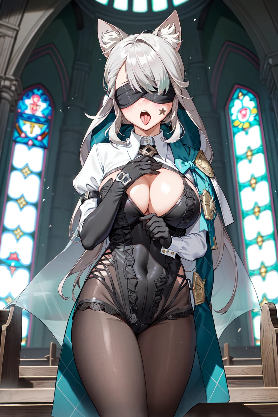 [qty: :1], full body,
[main: :1],1girl,curtains,bodystocking,(Black silk veil:1.2), black lace elbow gloves,
[emo: :1],(blindfold:1.5), blush, opened mouth, put her tongue out,
[ver: :1], put hands on chest,
[bac: :1],(church:1.2),
[key: :1],(white breast curtains:1.2), bodystocking,
[lora: :1],  <lora:lnt-v2-v100:0.75:char>,lnt, 1girl, purple eyes,long hair,(star facial mark:1.2), cat ears, tail, grey hair, bangs,
(beautiful_face), ((intricate_detail)), (revealing clothes:1.2), clear face,
((finely_detailed)), fine_fabric_emphasis,
((glossy)),