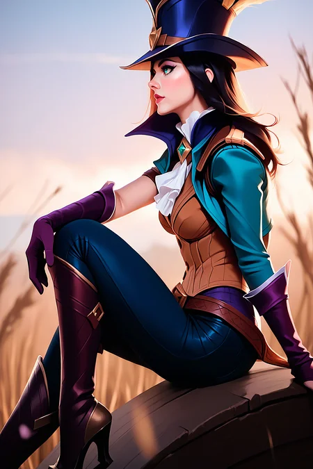 t34l_w1tch, score_9, score_8_up, score_7_up, 1girl, solo, Caitlyn from League of Legends, hat, from side, sitting, dusk, twilight, raw photo, <lora:tr1s5:1.0>