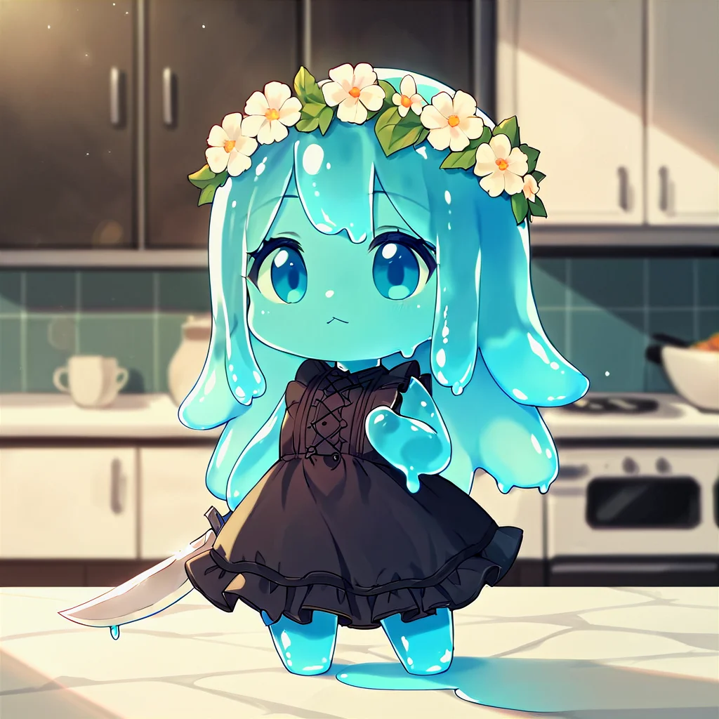 score_9, score_8_up, score_7_up, score_6_up, score_5_up, score_4_up, source_anime, slime girl, aquamarine skin, frilly transparent black dress, flower wreath crown, in kitchen, (holding big sharp knife), <lora:tLjrzTS:1>, <lora:chibstyleXLv11:1> chibi, cute, solo, depth of field, good bokeh, detailed, beautiful