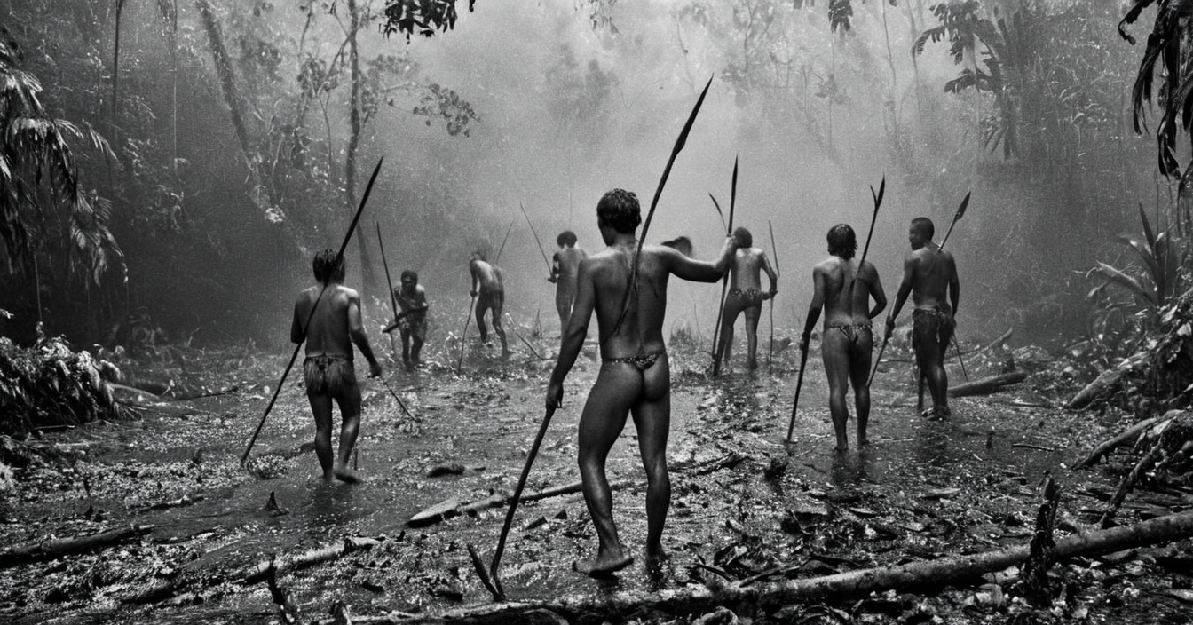 black and white photograph of few indigenous people hunting with spears and sticks in the amazonian rain forest, insane details, dramatic lights, high definition, 35mm camera, film photography style, heavy grain, ral-chrosc-bw, masterpiece, national geographic style, strong vignette, high contrast