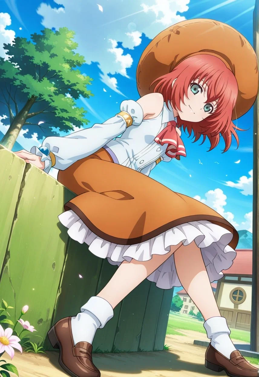 detailed eyes, beautiful, detailed background, perfect eyes,
source_anime, very aesthetic, anime coloring, masterpiece, official art,
<lora:HandFineTuning_XL:1>
BREAK,
trees, village, flowers, floating hair,
full body, sitting, light smile, hand on hair,
dynamic angle,
BREAK,
BREAK,
<lora:seles_illustrious_v01:0.95>
orange headwear, orange hat, red hair, short hair, grey eyes, hair between eyes, sidelocks, red ascot, white shirt, sleeveless, detached sleeves, orange skirt, frills, white socks, black loafers,