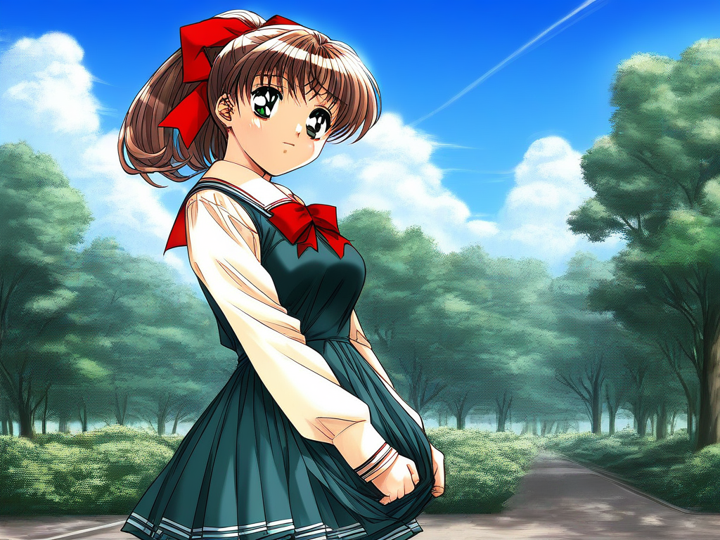 score_9, score_8_up, score_7_up, source_anime, rating_explicit, BREAK <lora:Sunohara_Suzuha_XL:0.9> Sunohara_Suzuha, brown hair, green eyes,  medium hair, ponytail, medium breasts,
1girl, solo, day, sky, tree, school uniform, outdoors, long sleeves, dress, skirt,