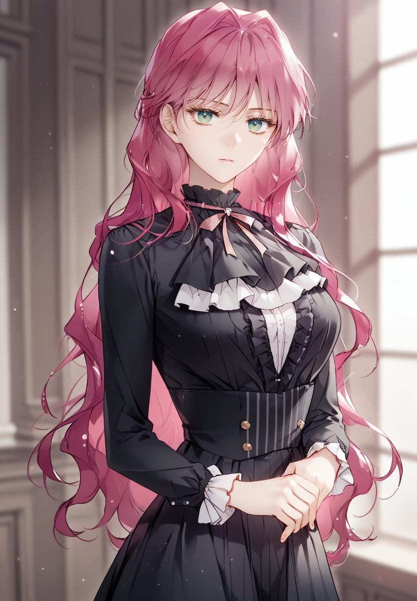 zPDXL3, score_9_up, score_8_up, score_7_up, (Anime_source),Masterpiece,(perfect female body:1.2), small waist,(incredibly detailed:1.4), slim, beautiful fingers, beautiful white skin, Beautiful clear skin, (large breasts:1.4)  thighs, looking at viewer, big breasts, ass, perfect ass, <lora:Penelope_Eckhart_-_Death_Is_the_Only_Ending_for_the_Villainess-Kaleid-PONY:0.8> penelopeeckhart, 1girl, pink hair, green eyes, black dress, closed mouth, expressionless, long sleeves, frills