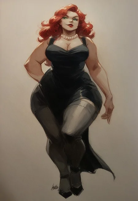 score_9, score_8_up, score_7_up, score_6_up, watercolor painting, dynamic shot, dutch angle, from below, footwear focus.
BREAK
1girl, voluptuous, seductive, wide hips, black dress, red hair, very long hair, large breasts, looking to the side, head to the side, dominant, smirk, side glance at viewer, full body, green eyes, high heels, jewelry, red lips, necklace, parted lips, pearl necklace, simple background, solo, thighhighs, standing