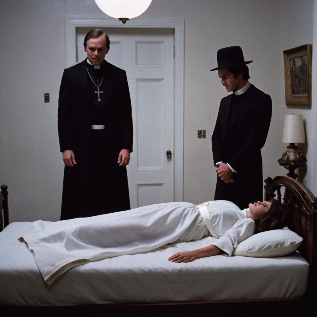 cinematic film still of  <lora:1970's style:1>
In the 1970's a possessed woman hovering on a bed with a priest man standing next to her in a scene from the exorcist movie ,1girl,brown hair,black hair,long sleeves,hat,lying,multiple boys,indoors,on back,formal,suit,6+boys,robe,door , realistic,realism, detailed, perfection,perfect,filmic,retro,vintage,classic,different haircut,different look,different style,different people, 1970's style , 1970 style, shallow depth of field, vignette, highly detailed, high budget, bokeh, cinemascope, moody, epic, gorgeous, film grain, grainy
