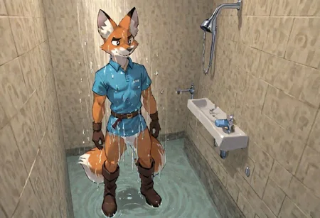 solo, male, anthro fox, taking a shower, clothing on the floor ( blue tunic, brown belt, brown gloves, brown boots), soap suds dripping down body, closed eyes, hand on bathroom shower wall