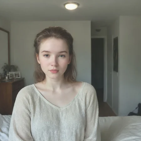 photo made by Stable-Yogis-Canon-EOS-R5-1.3x, epiCRealism, Realism_Quality_2xx_By_Stable_Yogi, 1girl, bedroom, mirror selfie, shy yet confident expression, amateur-style, grainy textures, pale skin(detailed textures:1.5), 2000s nostalgia, eye_level, comp_center, intimate and nostalgic portrait, (bb_casual:0.7), next photo must be different pose, Stable_Yogis_SD1.5_Positives, influ_girl, dramatic lighting