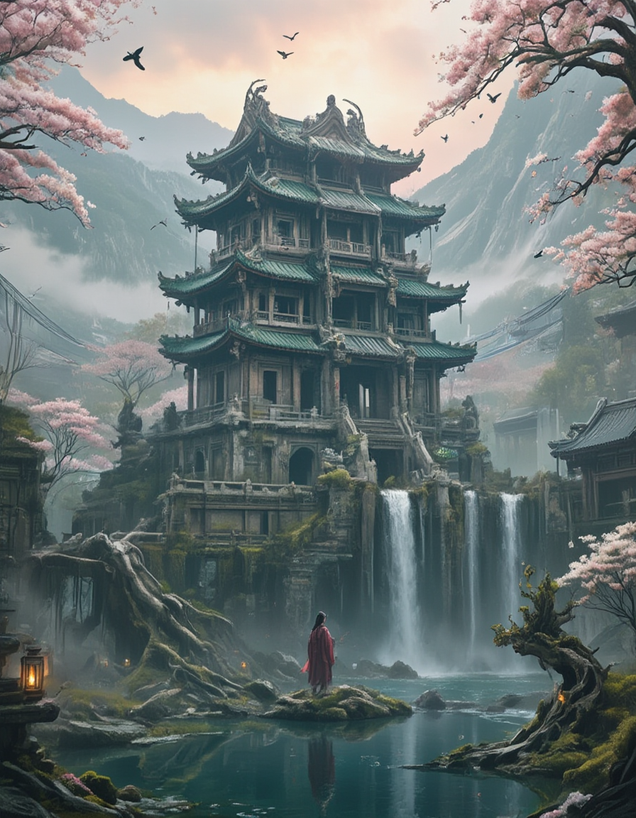 <lora:City_Worlds_02__Lost_-_Temple:1> cw02lost, a forgotten, oriental old temple on a mountain, fog, misty mountains, waterfall, kungfu 20yo woman in the wind, lanterns, pond, cherry blossom, giant roots, birds, sunset,