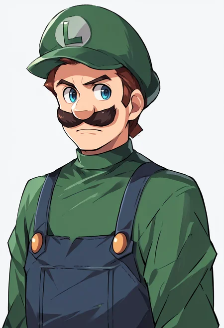score_9, score_8_up, score_7_up, source_anime, 1boy, <lora:Luigi_XLPD:1> Incrsluigi, luigi, green headwear, blue overalls, white gloves, long sleeves, <lora:zs_ZeroAzurePortraitsXL:1> zeroazureportraits, solo, upper body, simple background