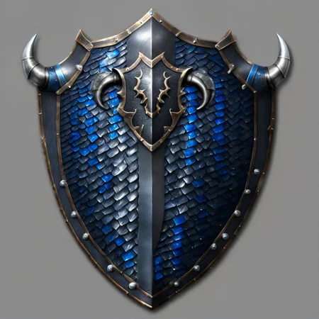 Steel, blue-black dragon scales knight shield with horns, gray background