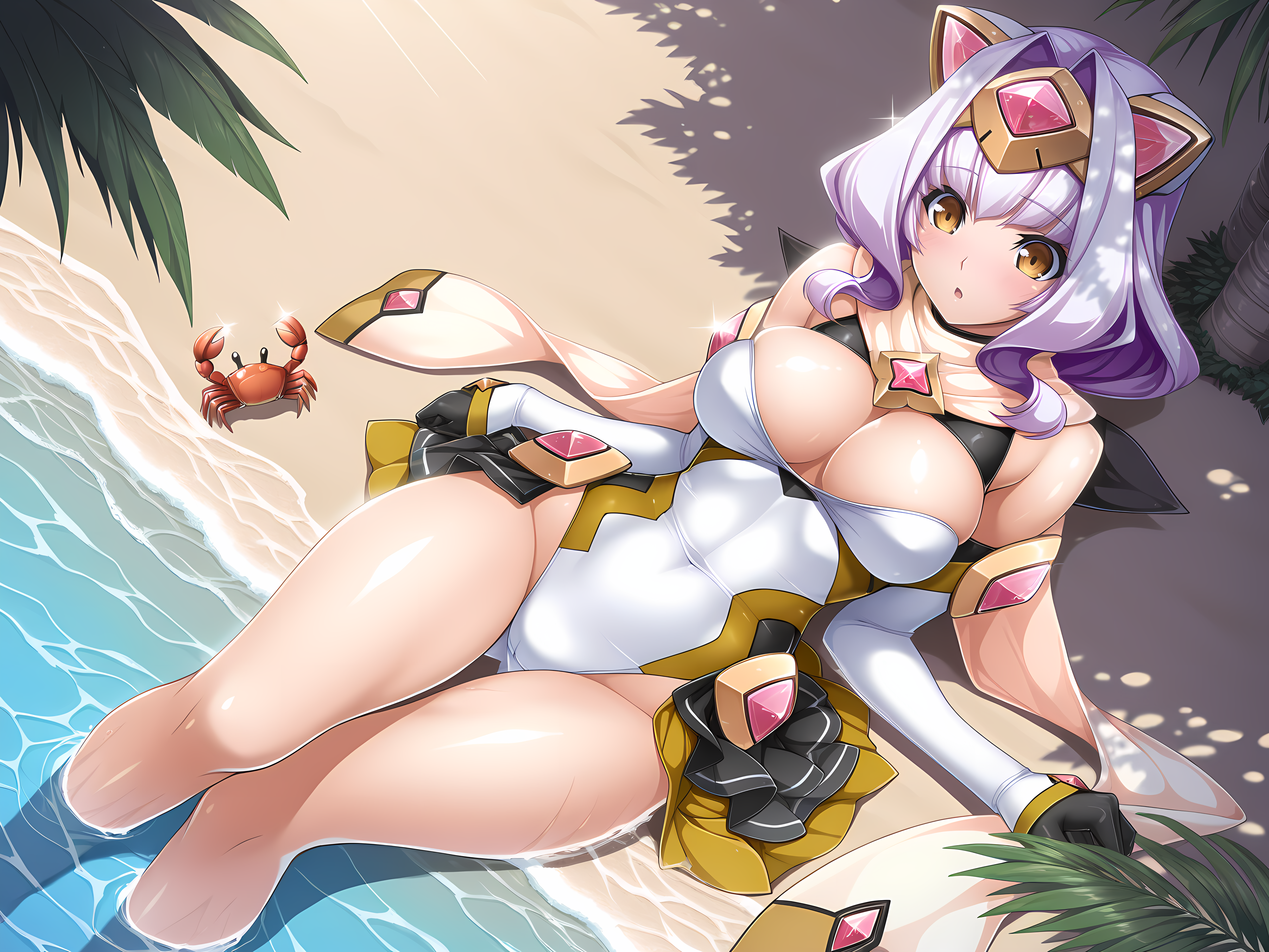 <lora:Azarin_Illustrious:0.8>,magica,1girl,solo,lusterise,large breasts,blush,:o,outdoors,soaking feet, reclining, beach, sand, crab, dappled sunlight, sparkle,, masterpiece,best quality,amazing quality,