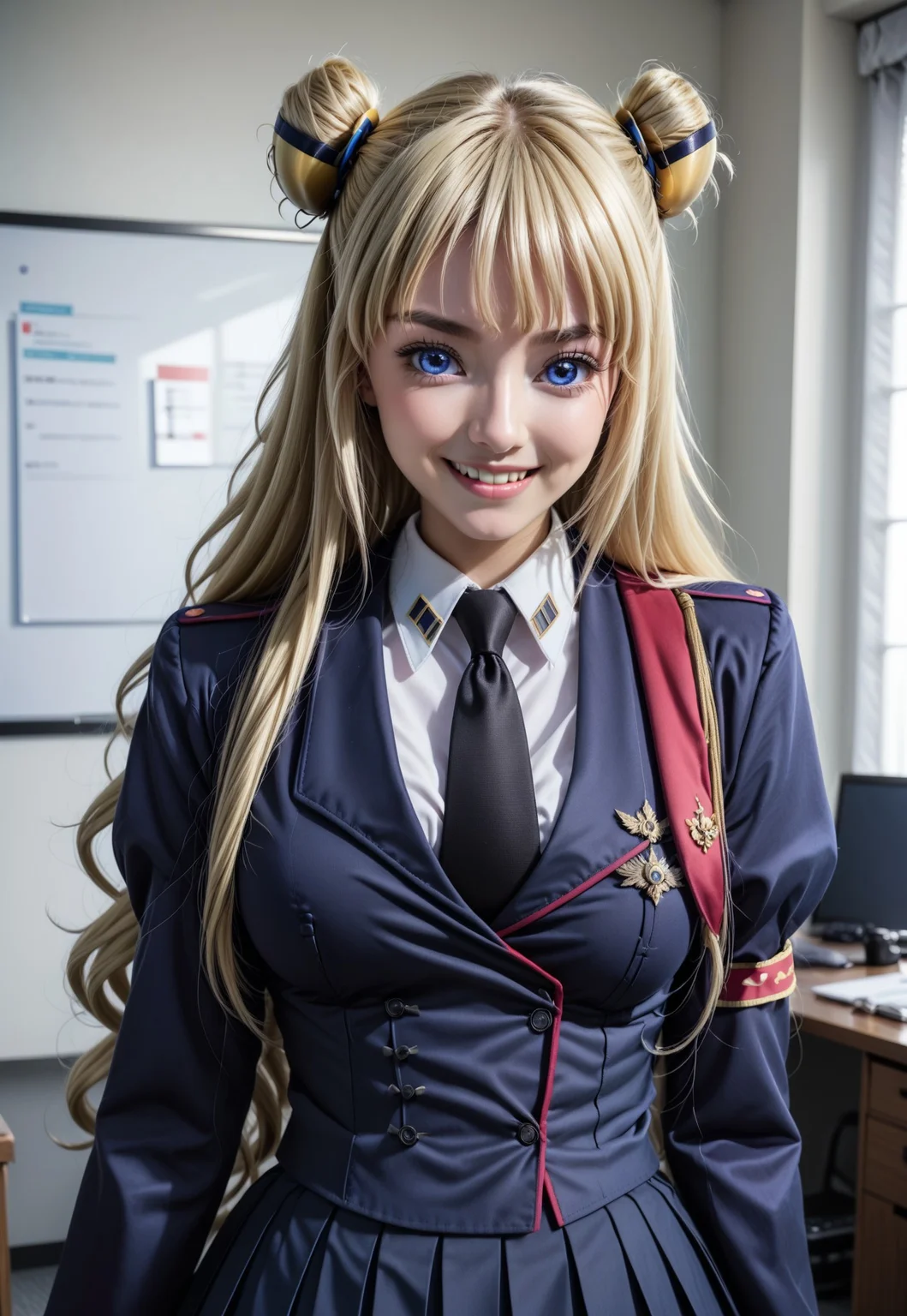 <lora:leila_malcal_CGA_pony:1>leila malcal, military uniform, hair accessories, 1girl, solo, bangs, long hair, blue eyes, pleated skirt, blonde hair, very long hair, purple eyes, necktie, office, hair bun, double bun, cheerful, smile, cowboy shot, standing looking at viewer, <lora:Add_more_details_pony:0.8> black stocking, zettai ryouiki, proportional body, frilled sleeves, photorealistic, Japanese girl
