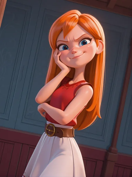 highres, hi res, best quality, masterpiece,
1girl, (CandaceXL),, orange hair, blue eyes, long hair, sleeveless, red shirt, belt, white skirt,,
light smile, dutch angle, naughty pose, looking at viewer, indoors, house, solo, dynamic pose, cowboy shot, head tilt, from above, head focus, hand on own cheek, nervous, angry, from side, very expressive face,
 <lora:Candace-ILV1:0.8>,, <lora:DisneyStudios_style-12IL:1>, DisneyStudioXL,,, cartoon, cinematic,,3d,