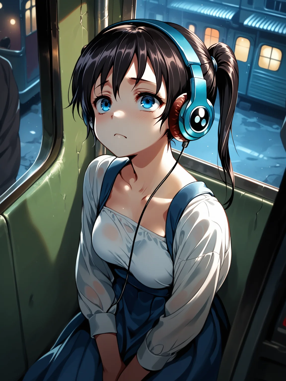 (solo focus, cowboy shot:1.2) <lora:happy_tentacle-mayu-v0.1-000033:1>, ht_mayu, headphones, audio cable, blue eyes, medium breasts (petite:1.2), <lora:Shed_The_Skin's StS_age_slider_v1_initial_release:-1.2> ( :1.1) ( , , (traumatized :1.2) , , looking up :1.2) , indoors, ((night, night sky :0.6), :0.8), ( window :0.9), (furniture:0.9), abandoned , , , (people:1.1) , (medieval :0.8), train interior, alley, formal (( from above :1.1) :0.8) score_9, score_8_up, score_7_up, score_6_up, score_5_up, score_4_up, ( [(realistic, photorealistic:1.3):(realistic:1.3):20] [(3d:1.2)::14] :1) <lora:LUUNA's Lunas-NijiJourney-SDXL-B2:0.35>, nijijourney <lora:prgfrg23's Counterfeit-V3.0 Style SDXL_LoRA_Pony Diffusion V6 XL:0.5> <lora:mfcg's mfcgXL:0.12> <lora:reweik's gyokai(himehajime)_PonyXL_style_v01:0.14>