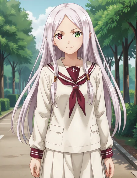 solo, 1girl,(anime screenshot:1.6, )
IdunnDefault, school uniform,white serafuku, long hair,
outdoors, looking at viewer, standing, cowboy shot, smile, <lora:idunn_V1.0-000010:0.85> <lora:Anime_Screencap:1>