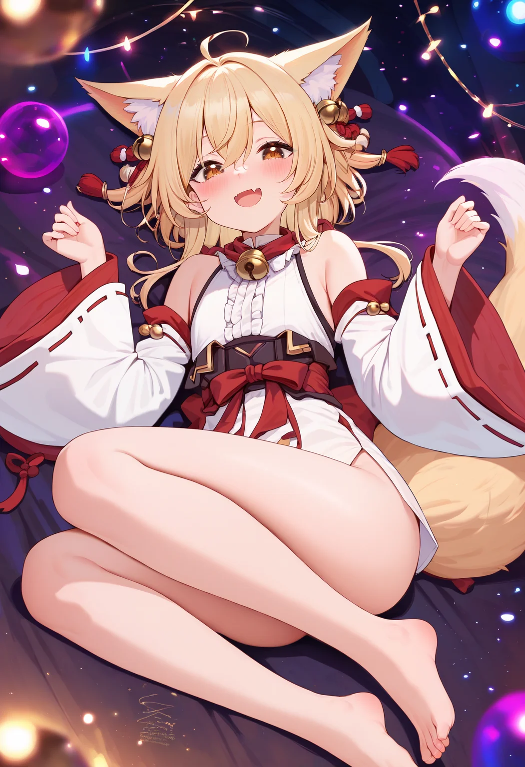 score_9,score_8_up,score_7_up,<lora:PDFA_Style5118164398:1>,1girl,solo,blush,smile,looking at viewer,, :o, animal ears, bell, blonde hair, blurry, blurry foreground, brown eyes, depth of field, detached sleeves, fang, flat chest, fox ears, fox girl, fox tail, full body, hair between eyes, hair ornament, jingle bell, long hair, long sleeves, lying, neck bell, on back, open mouth, parted bangs, red ribbon, ribbon, shirt, sidelocks, tail, thighs, white shirt, wide sleeves