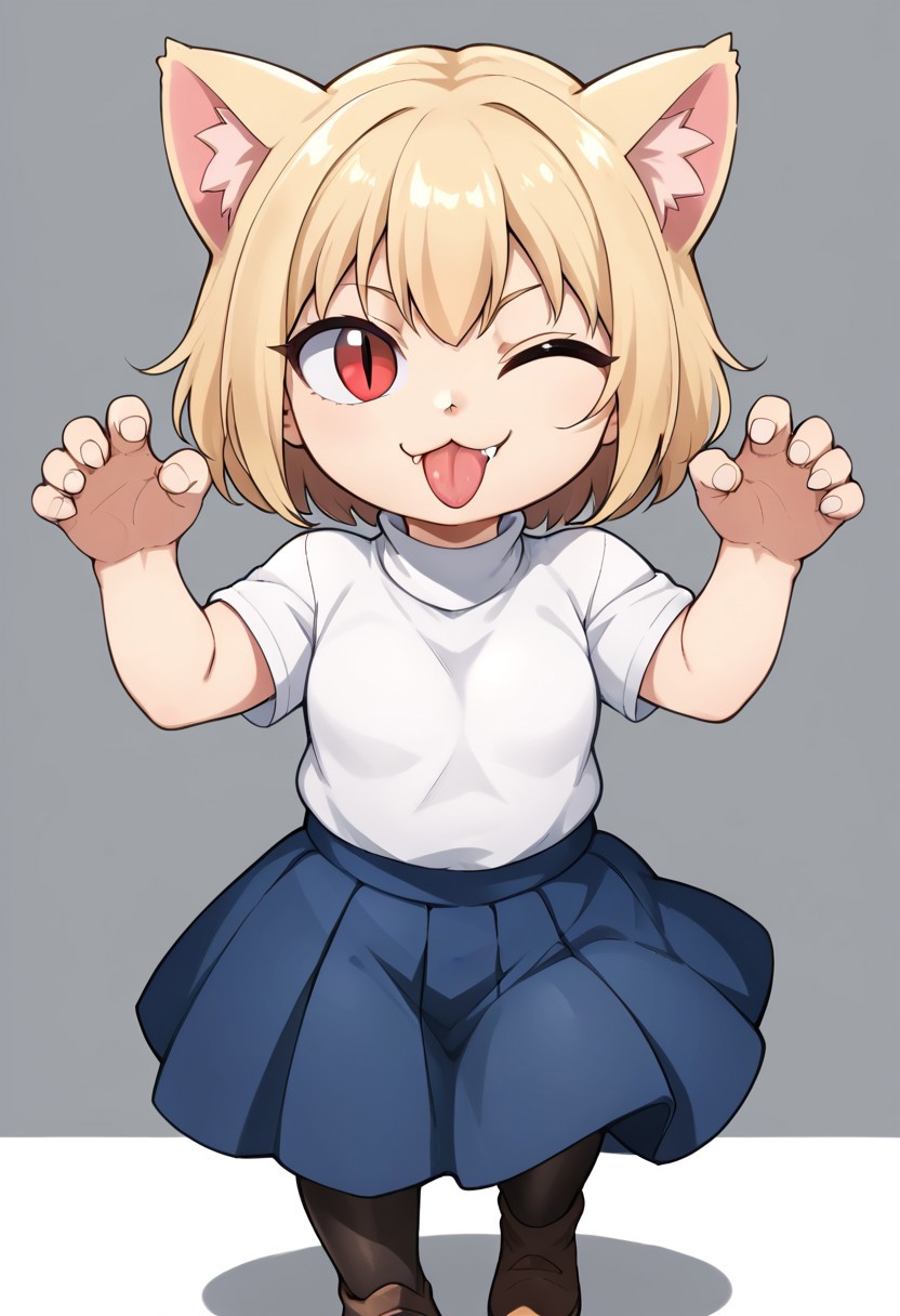 (zPDXL3), 
(zPDXLxxx), 
1girl, 
necoarc,
blonde hair, red eyes, slit pupils, cat ears, :3, chibi,
turtleneck, 
white shirt, 
blue skirt, 
pleated skirt, 
pantyhose, 
brown footwear, 
shortstack, 
wink,
fang,
tongue,
tongue out,
cat pose,
simple background, 
front view,
medium shot,
looking at viewer, 
uncensored,