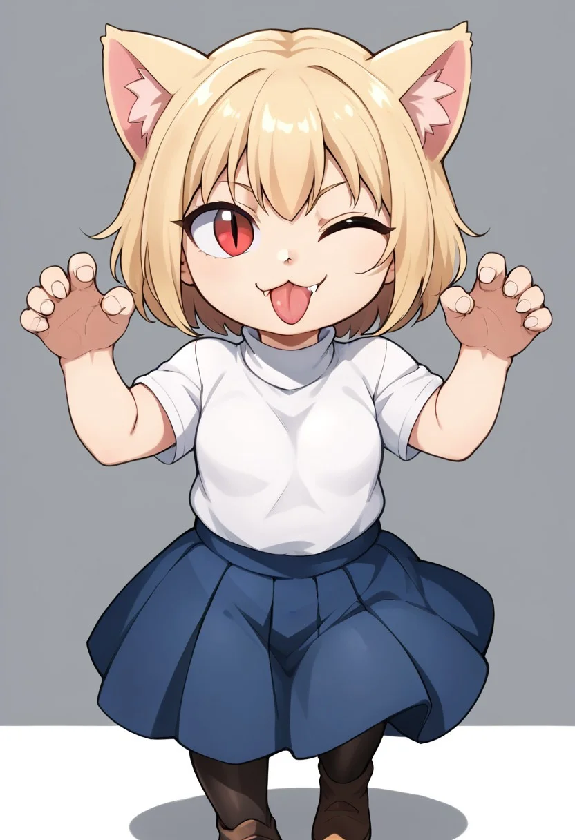 (zPDXL3),
(zPDXLxxx),
1girl,
necoarc,
blonde hair, red eyes, slit pupils, cat ears, :3, chibi,
turtleneck,
white shirt,
blue skirt,
pleated skirt,
pantyhose,
brown footwear,
shortstack,
wink,
fang,
tongue,
tongue out,
cat pose,
simple background,
front view,
medium shot,
looking at viewer,
uncensored,