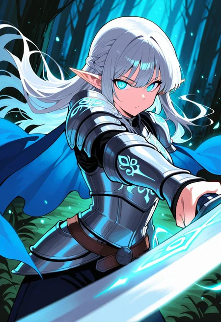 score_9, score_8_up, score_7_up, breathtaking, masterpiece, best quality, newest, absurdres, highres, embedding:lazypos, 1girl, solo, elf, long silver hair, glowing blue eyes, intricate silver armor, enchanted sword, battle-ready stance, flowing blue cape, delicate elven features, ornate pauldrons, magical runes, moonlit forest, mystical aura, soft ethereal glow, fantasy setting, detailed background, depth of field, dynamic pose, dramatic composition, foreshortening, detailed background, dynamic pose, dynamic composition,dutch angle, detailed backgroud,foreshortening,blurry edges, by saniiwan, by abbey and bear