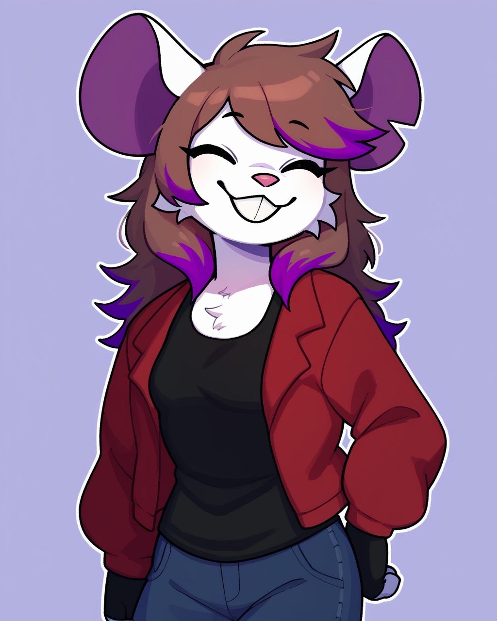 score_9_up, score_8_up, score_7_up, score_6_up, half-length portrait, female, brown hair, multicolored hair, purple highlights, eyes closed,  mouse, white fur, small breasts, furry, red jacket, black tank top,  black jeans, fingerless gloves, happy, smile, grin, head tilt, solo, three-quarter view, simple background, white outline, <lora:Leah_Pines(AIM)_XL_v1:0.15> <lora:PDXL_artist_tags_v2_big:0.5> <lora:The-Minuscule-Task_PDXL_v1.0:0.6>  <lora:Millie_justm1llie:0.7>