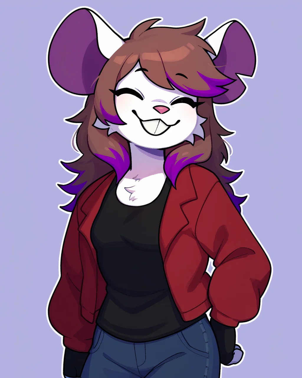 score_9_up, score_8_up, score_7_up, score_6_up, half-length portrait, female, brown hair, multicolored hair, purple highlights, eyes closed,  mouse, white fur, small breasts, furry, red jacket, black tank top,  black jeans, fingerless gloves, happy, smile, grin, head tilt, solo, three-quarter view, simple background, white outline, <lora:Leah_Pines(AIM)_XL_v1:0.15> <lora:PDXL_artist_tags_v2_big:0.5> <lora:The-Minuscule-Task_PDXL_v1.0:0.6>  <lora:Millie_justm1llie:0.7>