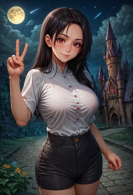 score_9, score_8_up, score_7_up, detailed, black hair, long hair, red eyes, white shirt, short shorts, black shorts, cloud, moon, full moon, Hogwarts, castle hill, night sky, street, shooting star, looking at viewer, blush, light smile, closed mouth, strong pose, (mature female:0.65), v, hand up, clenched hand,