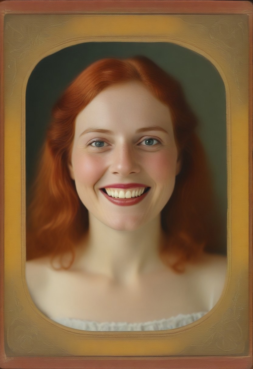 vintage victorian photograph of circus woman, long red hair, gummy smile, elaborate frame,Vintage_Abstract_Film