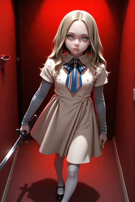 masterpiece, best quality, absurdres, highres,red lighting,indoor,from above
<lora:m3gan_ill_v1.3:1> 1girl,m3gan, grey eyes,(thick lips:0.8),expressionless,striped long sleeves, dress, long hair, white pantyhose,black footwear,mary janes,looking at viewer,holding sword