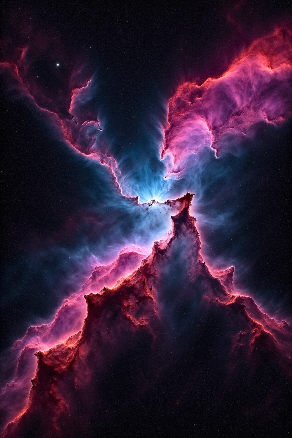 <lora:Vibrant_Nebula_2:0.8> VibrantNebula style.
A jagged rift of dusky rose and storm-gray gas shears across a sprawling galactic field, its edges ragged and alive with flickering opal flashes as ion storms tear through the void. Realized through high-contrast volumetric lighting and granular noise texturing, the image captures the raw, tactile density and atmospheric tension of a young, unstable nebula. Viewed from a steep, descending orbital track, the composition fuses harsh diagonals with deep saturation layering, portraying a wild and restless landscape where cosmic forces battle in slow, monumental motion.