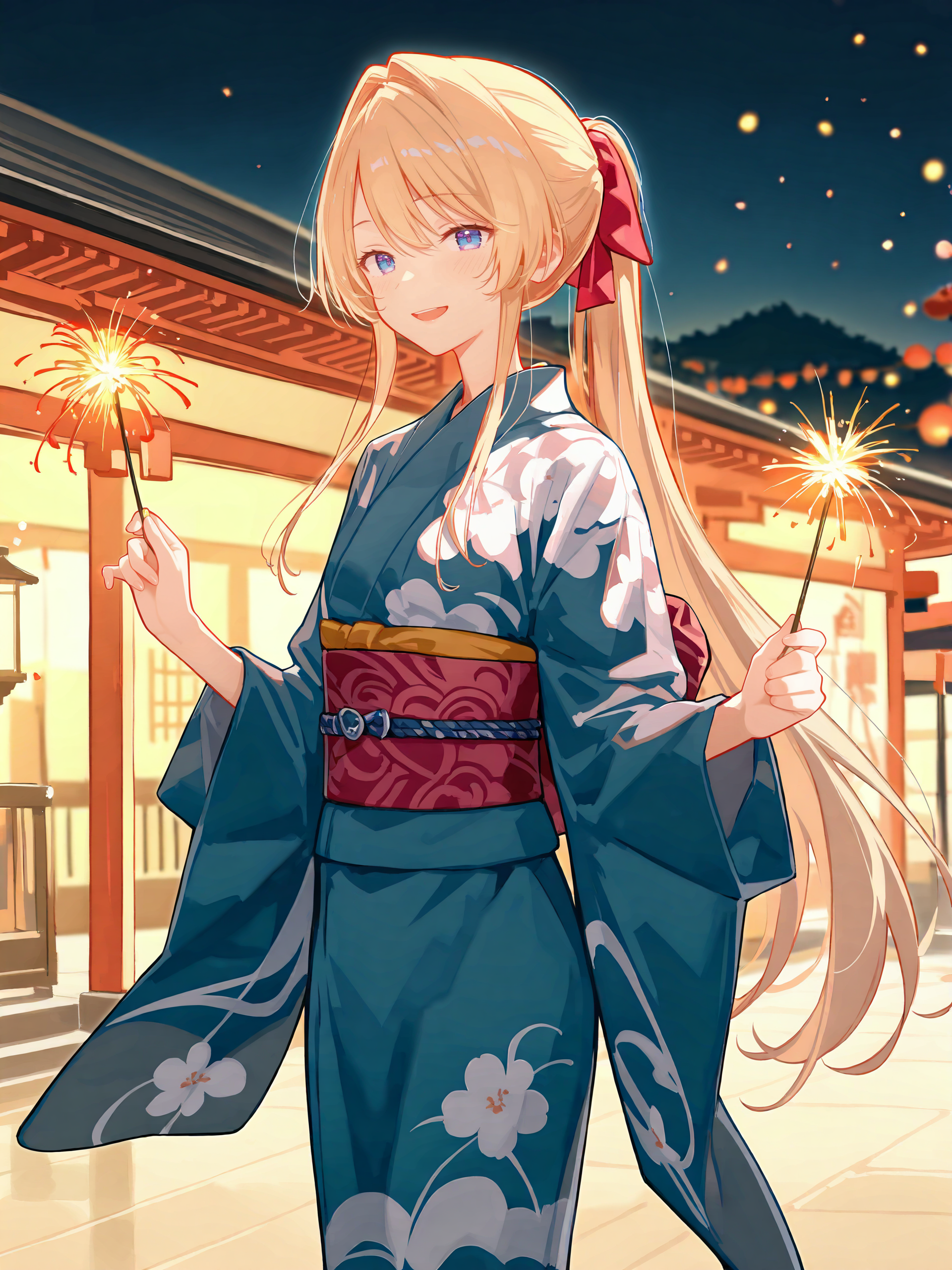 1girl, ouzuka mai, solo, blue eyes, kimono, ponytail, obi, sash, tabi, standing, cowboy shot, holding fireworks, smile, open mouth, night, outdoors, blurry background ,  <lora:Char-Ouzuka-Mai-V1-IL:0.9>
masterpiece, best quality, amazing quality, very aesthetic, absurdres, (ask \(askzy\), hiten \(hitenkei\):0.7), perfect features, intricate details, ray tracing, <lora:XL-aesthetic_anime:1:hr=0.1>, <lora:XL-detailed_notrigger:1:hr=0.5>