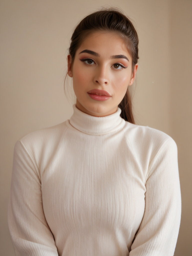 score_9, score_8_up, score_7_up, Al3x4Scout, Alexa Scout, <lora:Al3x4Scout-pony:1>, 1girl, makeup, lips, high ponytail hair, dark hair, big lips, white sweater, solo, looking at viewer, bokeh, focus, film, velvia, artistic, best quality, photograph, focus
