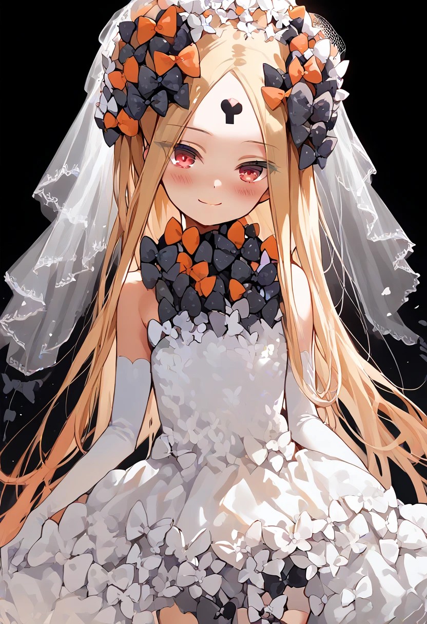 score_9,score_8_up,score_7_up, young, cute, small, abigail williams,
1girl, solo, thighhighs, blonde_hair, gloves, long_hair, elbow_gloves, red_eyes,  white_gloves, smile, black_background, dress,  bow, blush, black_bow, simple_background, white_dress, bangs, looking_at_viewer, strapless_dress, hair_bow, closed_mouth, veil,  asymmetrical_legwear, very_long_hair, parted_bangs, hair_bun, wedding_dress, head_tilt