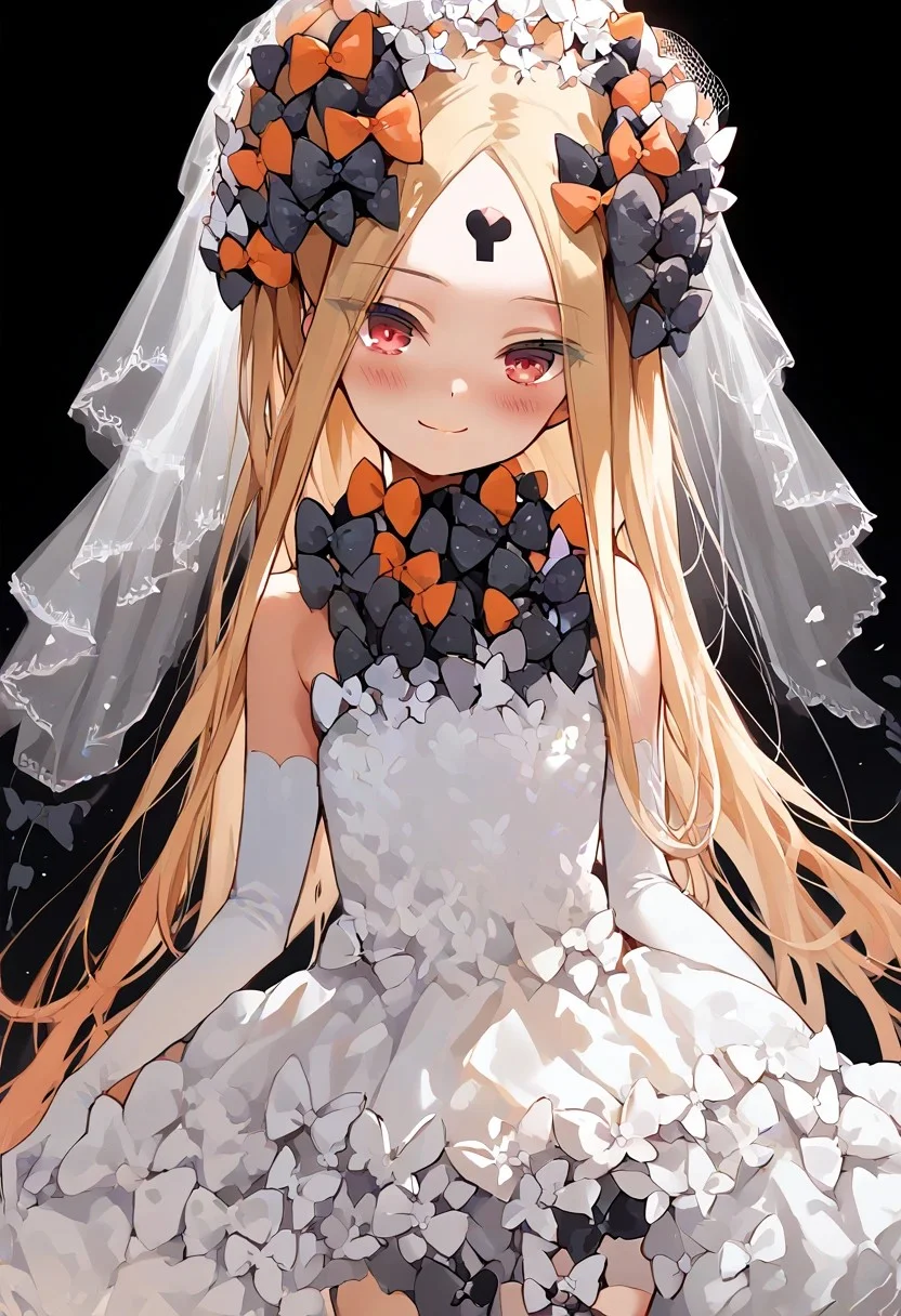 score_9,score_8_up,score_7_up, young, cute, small, abigail williams,
1girl, solo, thighhighs, blonde_hair, gloves, long_hair, elbow_gloves, red_eyes, white_gloves, smile, black_background, dress, bow, blush, black_bow, simple_background, white_dress, bangs, looking_at_viewer, strapless_dress, hair_bow, closed_mouth, veil, asymmetrical_legwear, very_long_hair, parted_bangs, hair_bun, wedding_dress, head_tilt