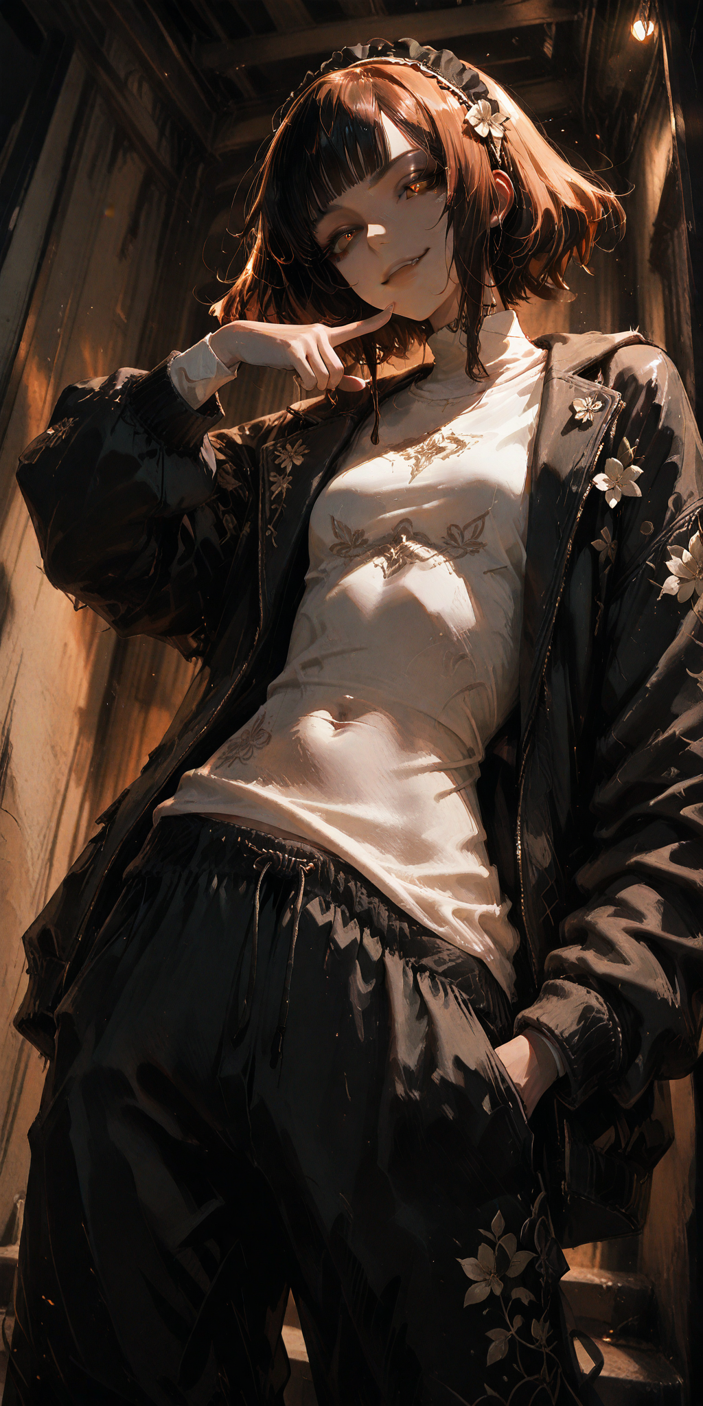 <lora:ponyv6_noobE11_2_adamW:1>,<lora:cfg_scale_boost:0.6>,<lora:Sinfully_Stylish_1.0_for_Illustrious:0.6>,masterpiece,best quality,very aesthetic,looking at viewer,luxury [thug] girl,baggy pants,baggy clothes,leather witt,open jacket,shirt,tiny undershirt,big eyes,Dumb hair,[photo \(medium\):0.8],RTX,cinematic light,light and shadow,skinny,rich girl,headdress,teen,Upward shooting,low angle,floral detail and pattern,dark theme,Pointing at Viewer,<lora:ç»ªå¿ åæ¶æå¾åå½±è´¨æå¢å¼ºV3:0.3>,XUER guangying,skinny,masterpiece,best quality,amazing quality,very aesthetic,absurdres,newest,naughty face,<lora:YTSKX-WAI:0.6>,hand in pocket,<lora:Aurastronger_SDXL:0.8>,<lora:add-detail-xl:0.7>,