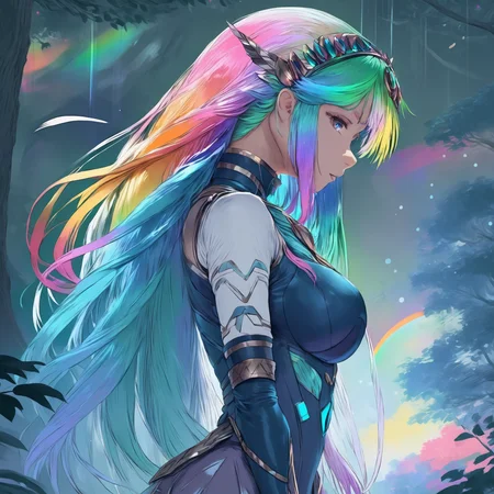2d anime hand-drawn digital sketch  style, (masterpiece, highly detailed, 4k wallpaper, beautiful), 1girl, cyber fairy, very long hair, rainbow hair, digital forest,   <lora:CSRfull:0.9>