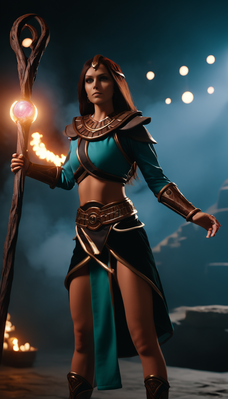 cinematic photo Cinematic scene, hero view, d2s sorceress <lora:diablo_2_sorceress_xl_v1:1>, action pose, detailed background, masterpiece, best quality, high quality, highres, absurdres  . 35mm photograph, film, bokeh, professional, 4k, highly detailed