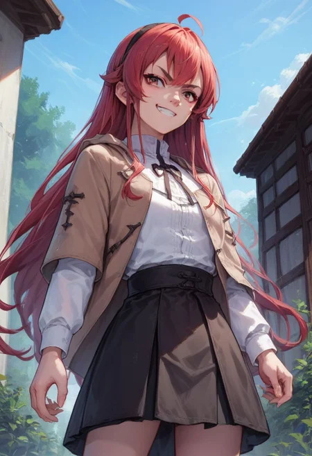 score_9, score_8_up, score_7_up, source_anime, 1girl, Eris Greyrat, solo, brown robes, smirk, outdoors, white shirt, black skirt